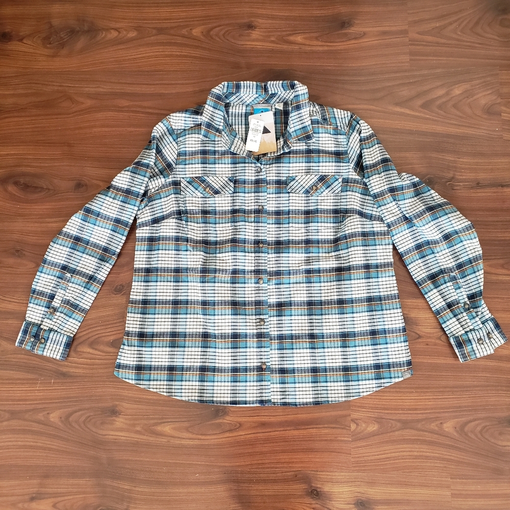 New Women's Sz 1X L.L. Bean Blues White Plaid Flannel Button Down Shirt
